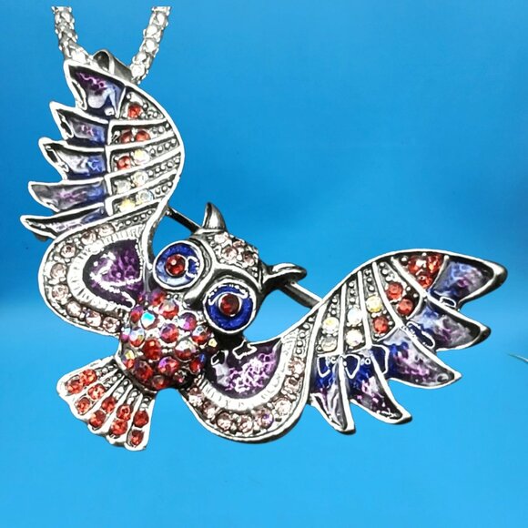 Colorful Owl Pin / Pendant Combo Necklace Rhinestone Enamel Jewelry Gift Boxed - Picture 3 of 8